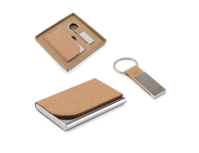 Conjunto Porta-cartes e Chaveiro em Metal e Cortia SP95099 (MB12800+14)