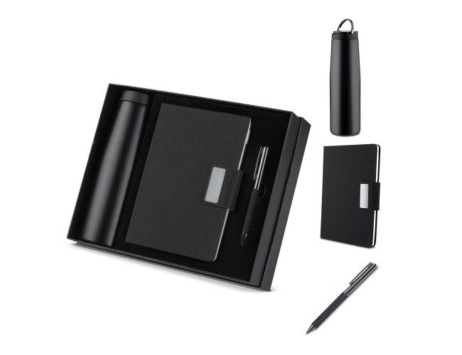 Kit escritrio Caderno C/Pauta 21x14,5cm, Garrafa Inox 550ml e Caneta Metlica AICJ300 (MB111250+14)